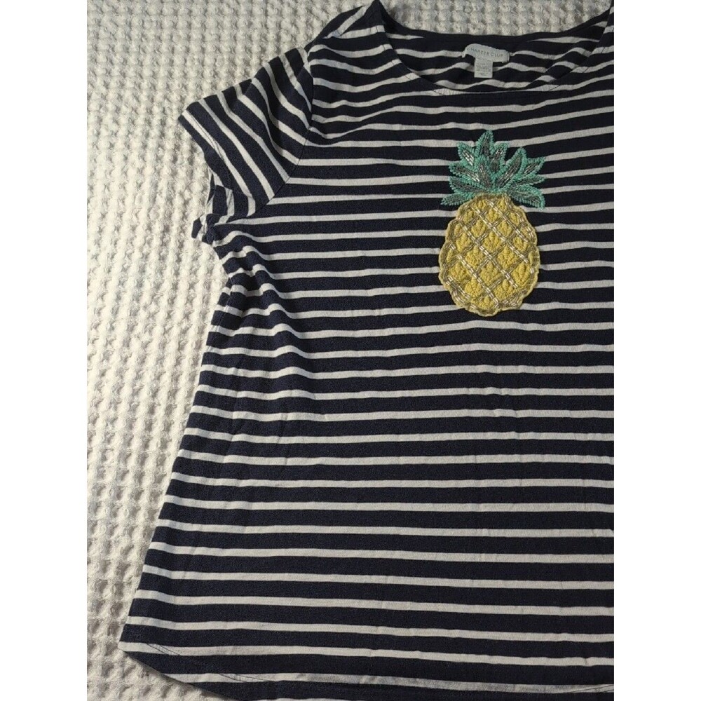 Charter Club 100% Cotton Mavy & White Striped Tee with Pineapple Patch Size XL - Picture 8 of 9